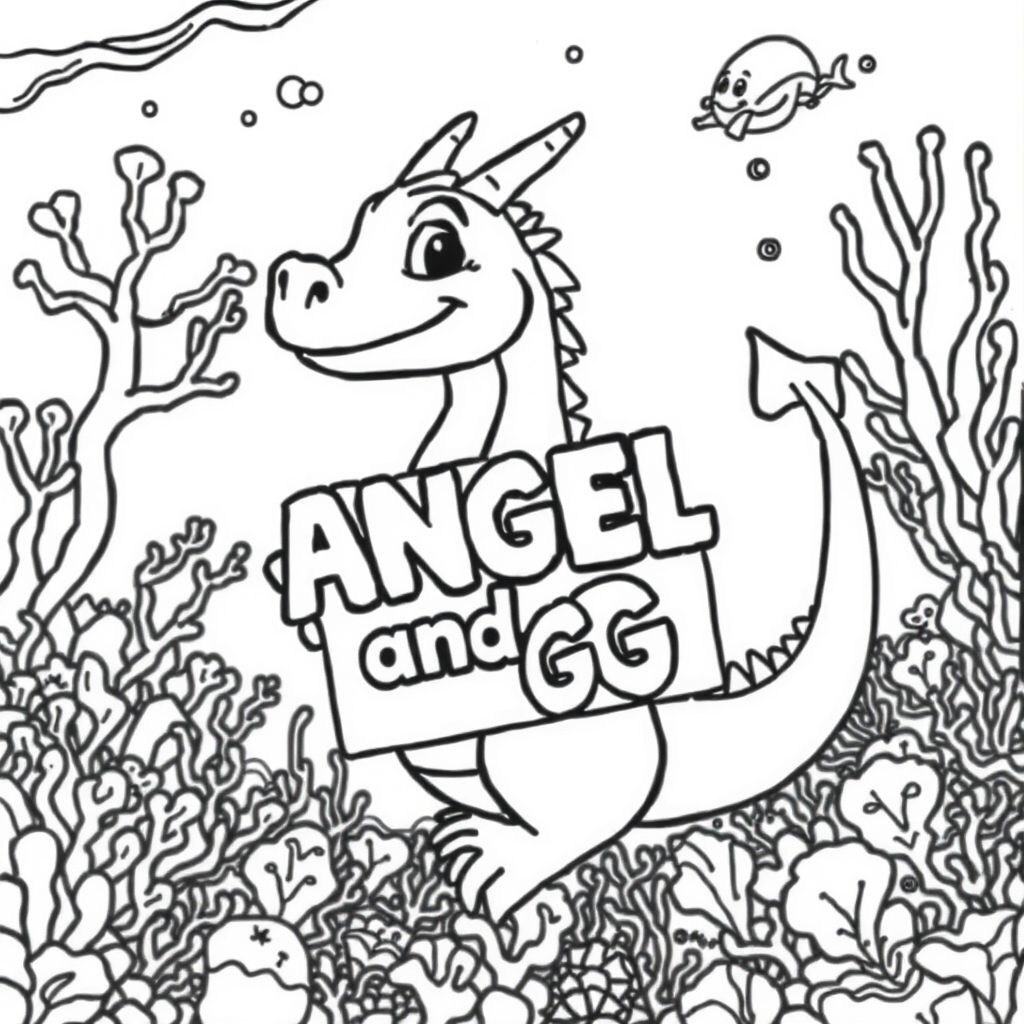 A profile view of a friendly dragon, holding a sign with "ANGEL and GG" written in white bubble letters, in profile, in a underwater coral reef kingdom, surrealist style. make a designed background that could be colored in 