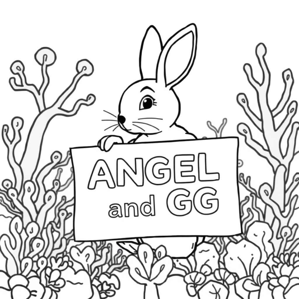 A profile view of a friendly bunny, holding a sign with "ANGEL and GG" written in white bubble letters, in profile, in a underwater coral reef kingdom, surrealist style