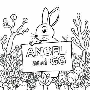 A profile view of a friendly bunny, holding a sign with "ANGEL and GG" written in white bubble letters, in profile, in a underwater coral reef kingdom, surrealist style