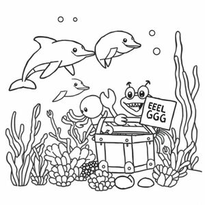 Underwater Wonderland: "Color a magical underwater scene with friendly dolphins, a shy octopus, and a treasure chest guarded by a smiling crab!"  holding a sign with ANGEL and GG
