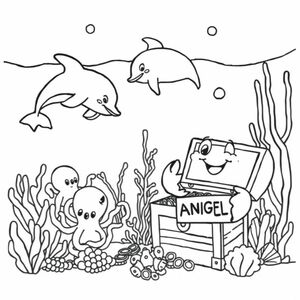 Underwater Wonderland: , create a magical underwater scene with friendly dolphins, a shy octopus, and a treasure chest guarded by a smiling crab!"  holding a sign saying ANGEL and GG