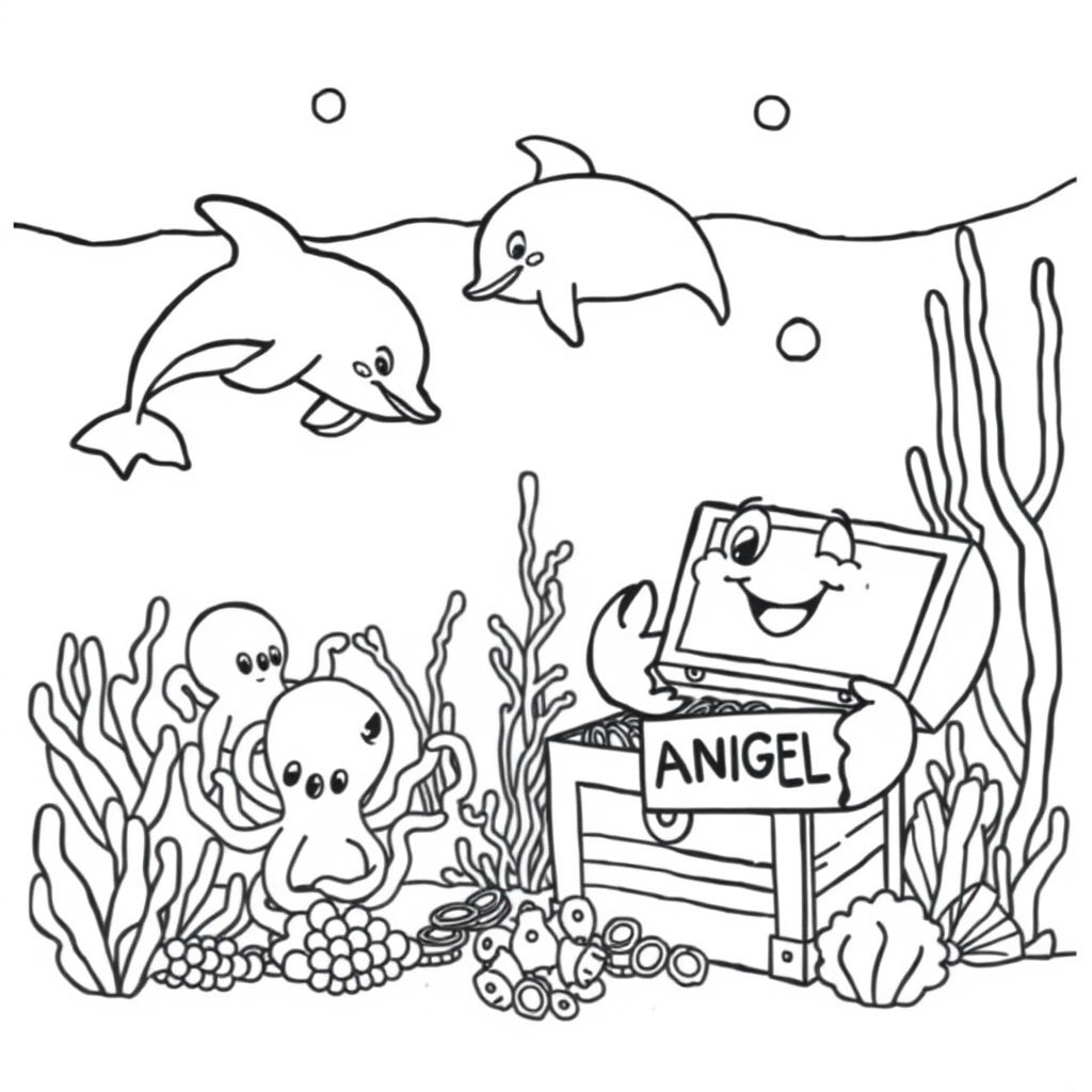 Underwater Wonderland: , create a magical underwater scene with friendly dolphins, a shy octopus, and a treasure chest guarded by a smiling crab!"  holding a sign saying ANGEL and GG