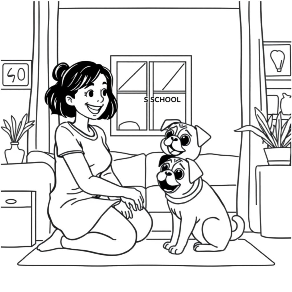 pug puppy speaking with woman in house about going to pug school