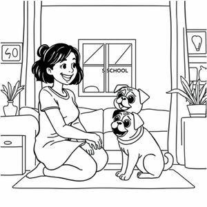 pug puppy speaking with woman in house about going to pug school