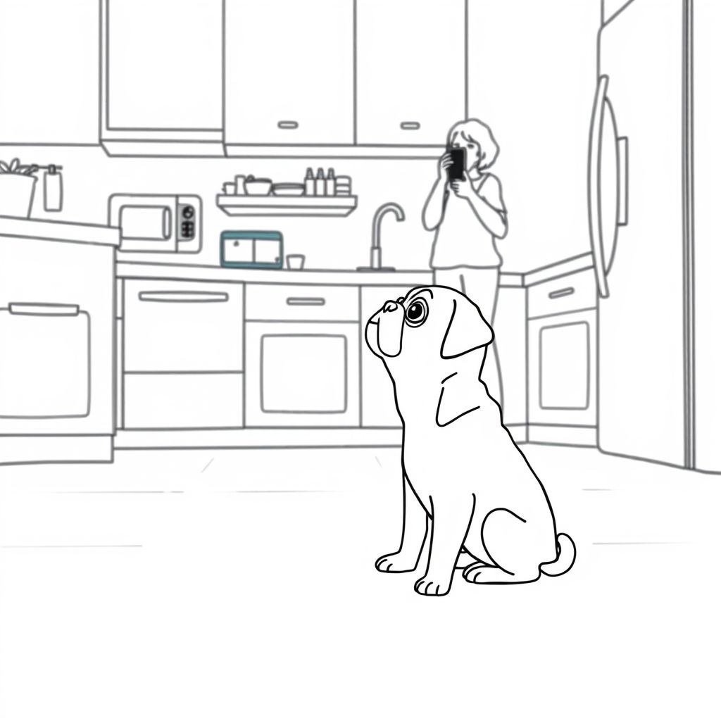 pug puppy watching his owner who is standing across the kitchen talking on the phone about him going to pug school
