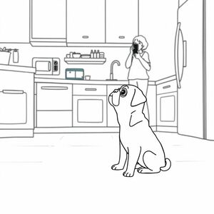 pug puppy watching his owner who is standing across the kitchen talking on the phone about him going to pug school