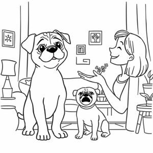 pug puppy with black nose listening and speaking with a woman, while standing in the living room