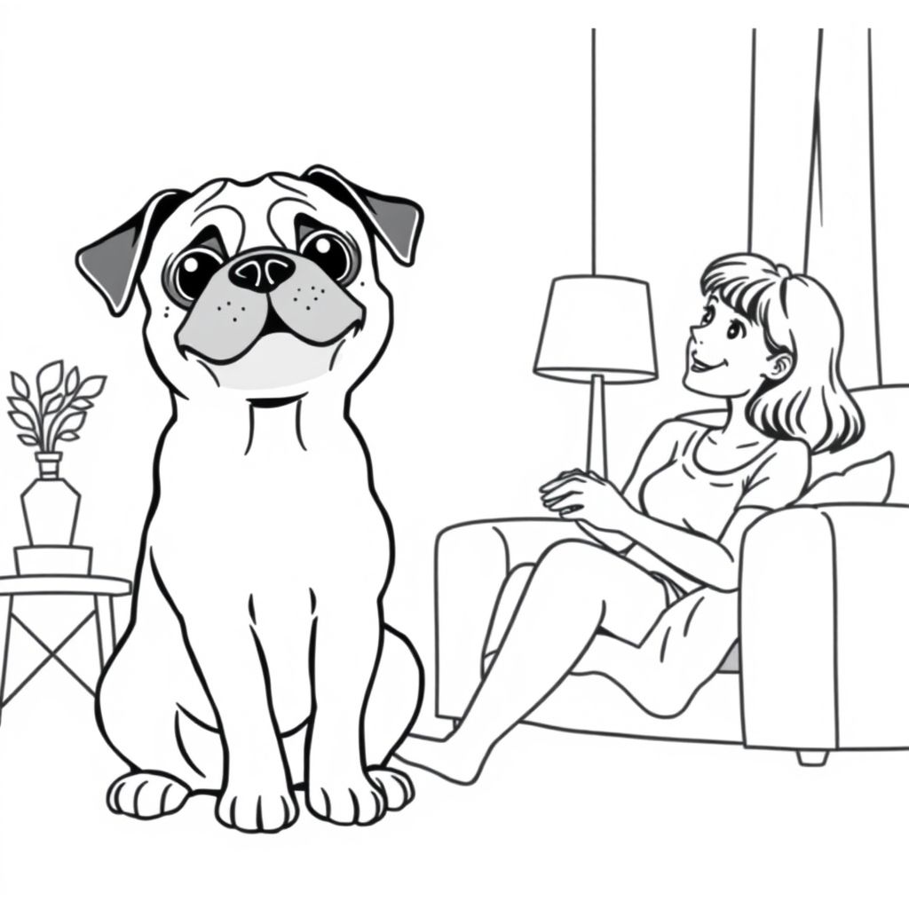 pug puppy with a black nose speaking with woman in living room