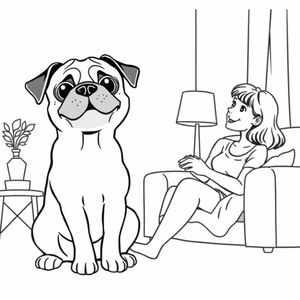 pug puppy with a black nose speaking with woman in living room
