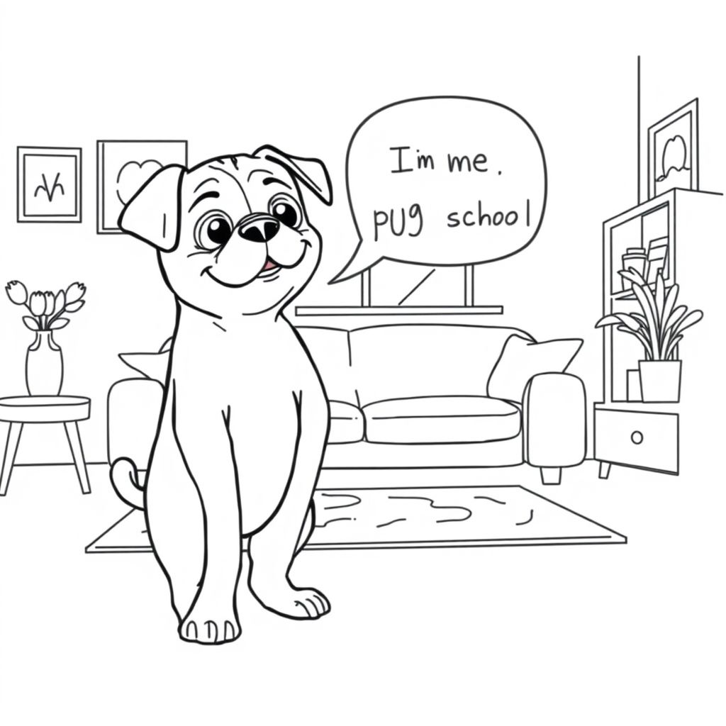 pug puppy with black nose, talking with his owner about him going to pug school while standing in the living room