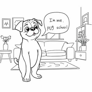 pug puppy with black nose, talking with his owner about him going to pug school while standing in the living room