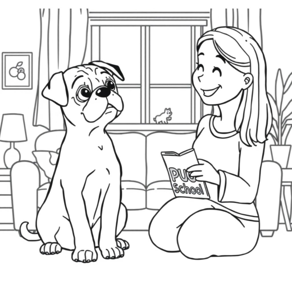 pug puppy with black nose sitting while talking to a woman about going to pug school while they both stand in the living room