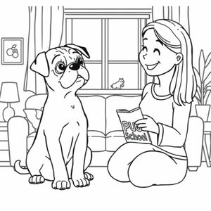 pug puppy with black nose sitting while talking to a woman about going to pug school while they both stand in the living room