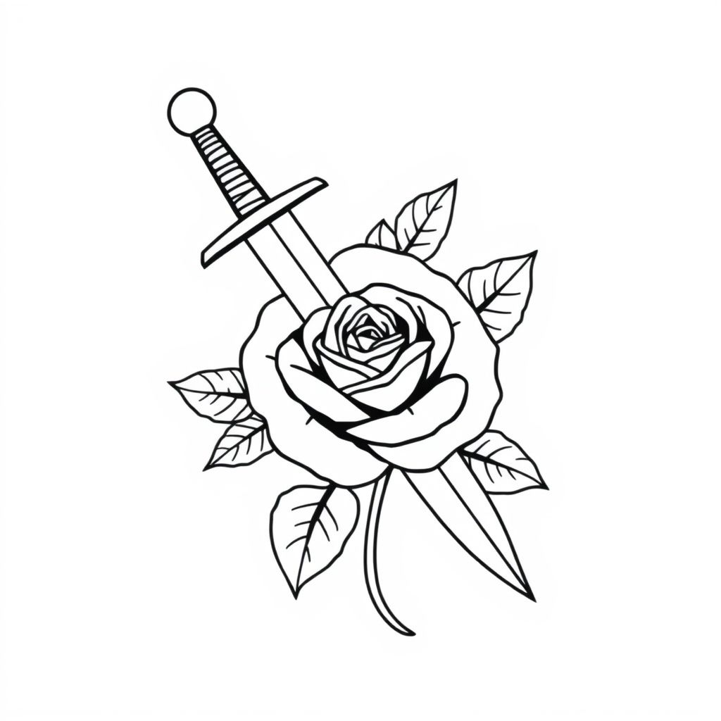 Traditional dagger piercing a red rose with leaves, in bold American traditional tattoo style