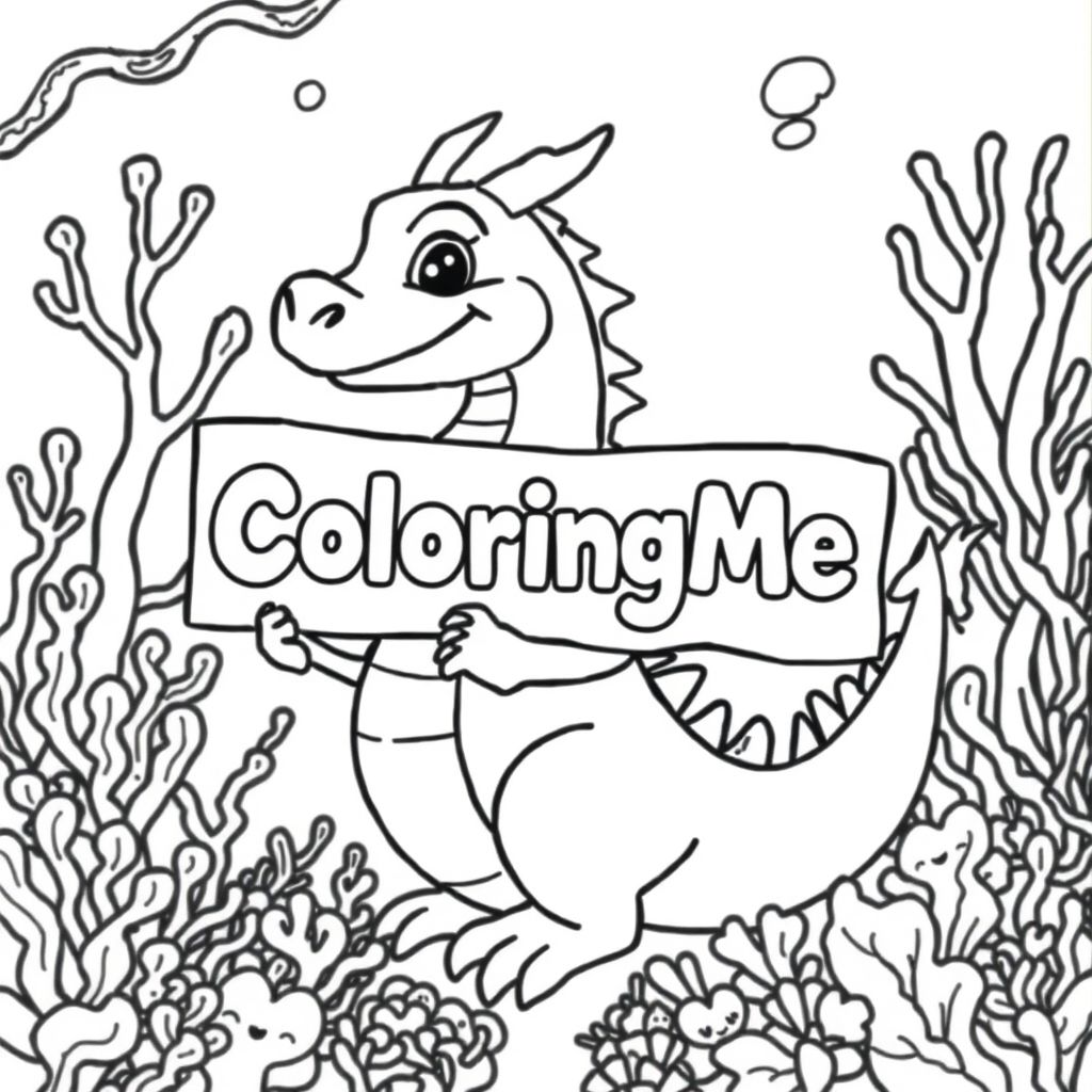 A profile view of a friendly dragon, holding a sign with "ColoringMe" written in white bubble letters, in profile, in a underwater coral reef kingdom, surrealist style, detailed, modern
