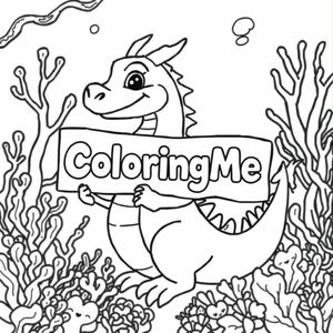 A profile view of a friendly dragon, holding a sign with "ColoringMe" written in white bubble letters, in profile, in a underwater coral reef kingdom, surrealist style, detailed, modern