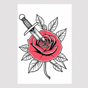 Traditional dagger piercing a red rose with leaves, in bold American traditional tattoo style, more details,modern