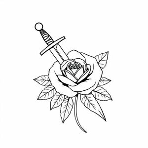 Traditional dagger piercing a red rose with leaves, in bold American traditional tattoo style, modern, detailed, no colours