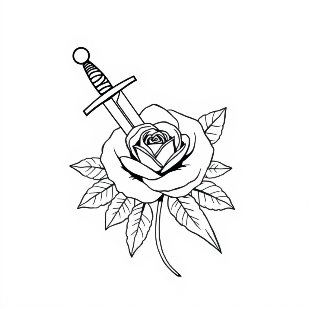 Traditional dagger piercing a red rose with leaves, in bold American traditional tattoo style, modern, detailed, no colours