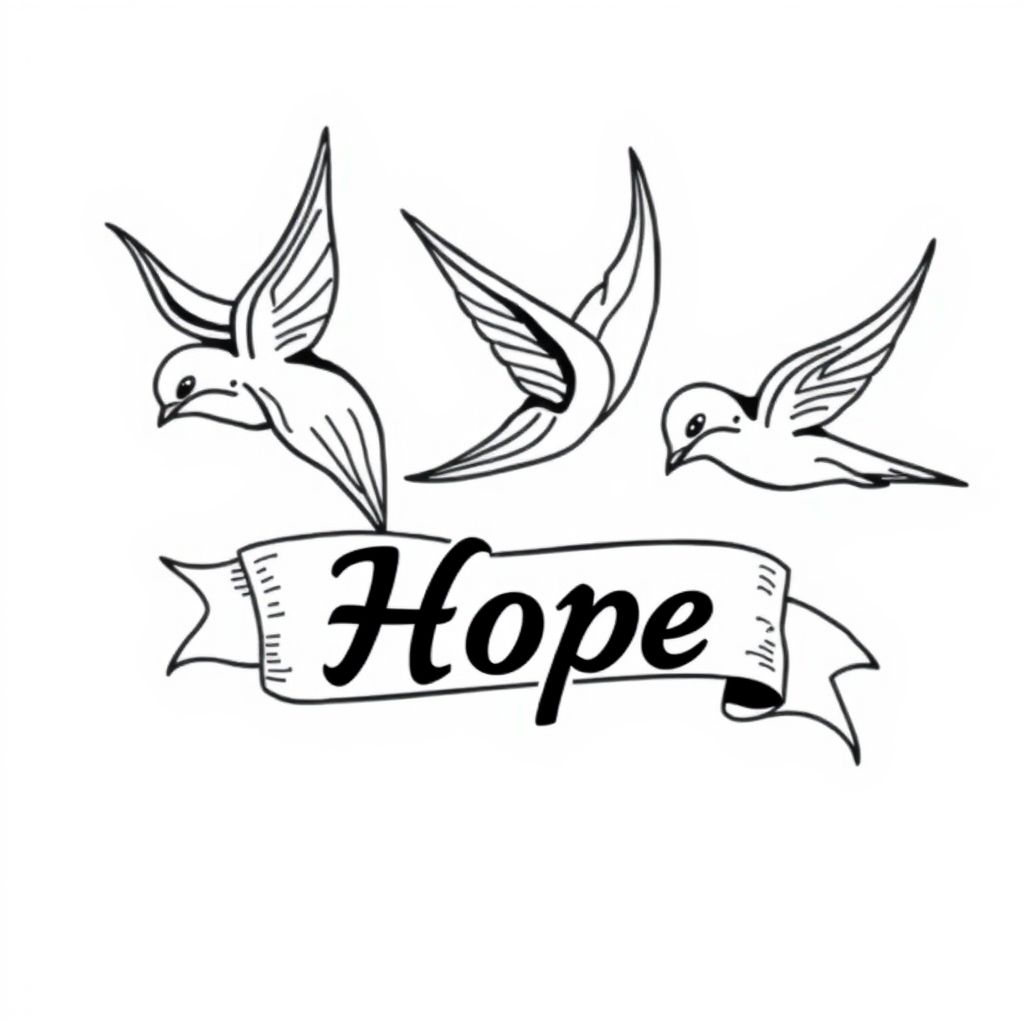 Swallow birds flying around a banner that reads 'Hope', classic Sailor Jerry style, tattoo, modern, more details, no colours