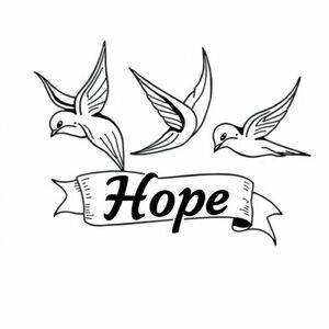 Swallow birds flying around a banner that reads 'Hope', classic Sailor Jerry style, tattoo, modern, more details, no colours