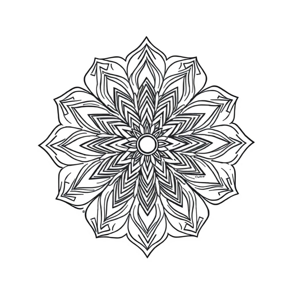Mandala with geometric patterns and lotus petals in sacred tattoo line style