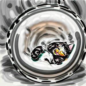 A smiling cat curled up in a ball, thick lines, for colouring book