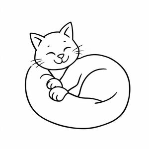  A smiling cat curled up in a ball thick lines, for colouring book