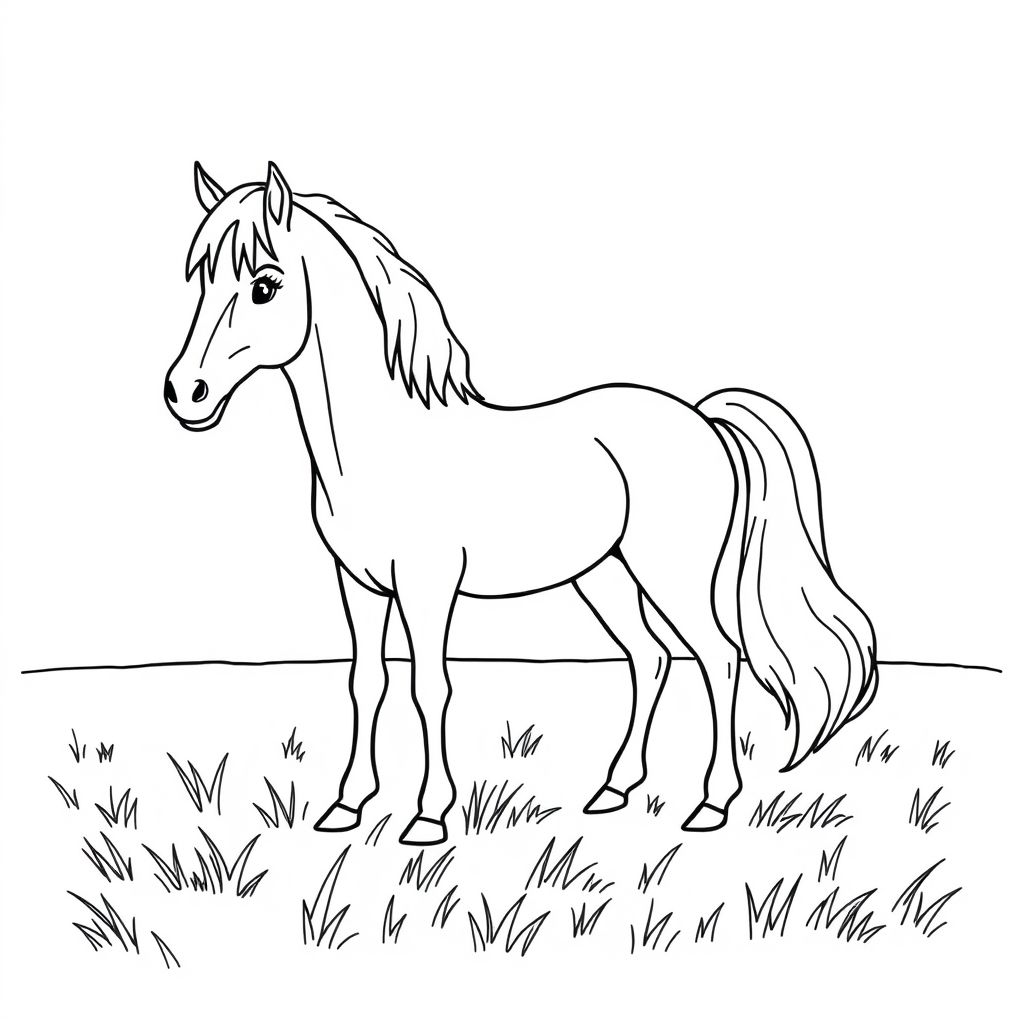 A horse with a flowing tail standing in a field