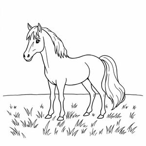 A horse with a flowing tail standing in a field