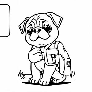 pug puppy holding a backpack waiting outside for the bus 
