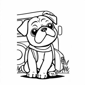 Pug puppy with backpack waiting outside for the school bus 