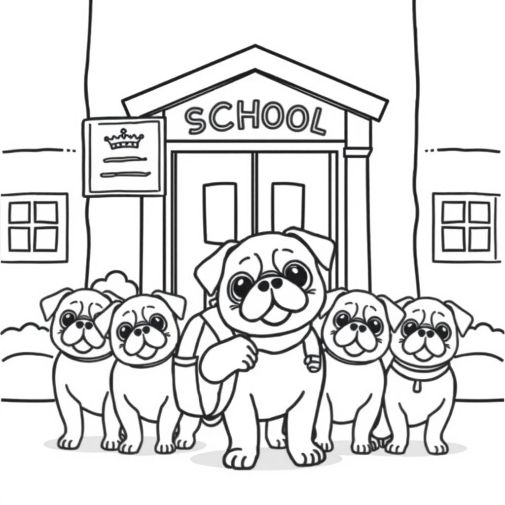 pug puppy standing outside school, holding backpack, with a diverse group of pug puppies