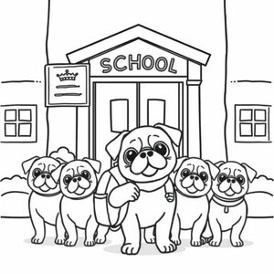 pug puppy standing outside school, holding backpack, with a diverse group of pug puppies