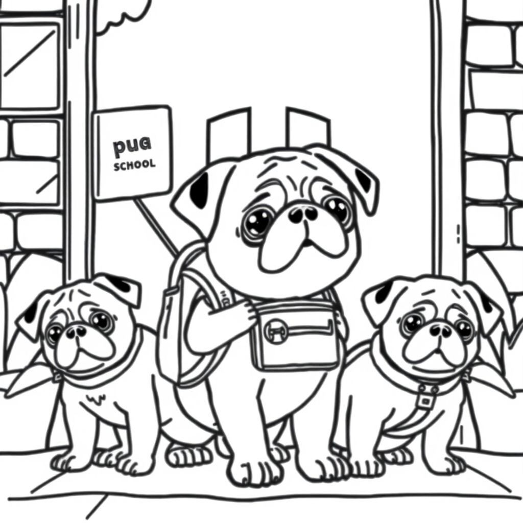 pug puppy standing outside school, with backpack, with a diverse group of pug puppies