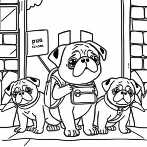 pug puppy standing outside school, with backpack, with a diverse group of pug puppies