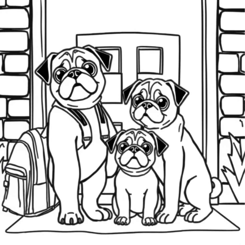 pug puppy standing outside school, next to backpack, with tall/short/skinny/fat pug puppies talking to each other 