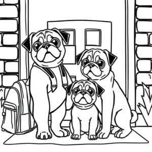pug puppy standing outside school, next to backpack, with tall/short/skinny/fat pug puppies talking to each other 