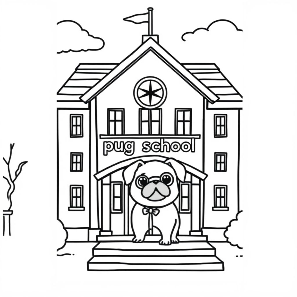 A school with the words "pug school' written in small letters on the front of the building 