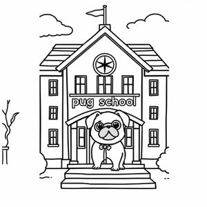 A school with the words "pug school' written in small letters on the front of the building 