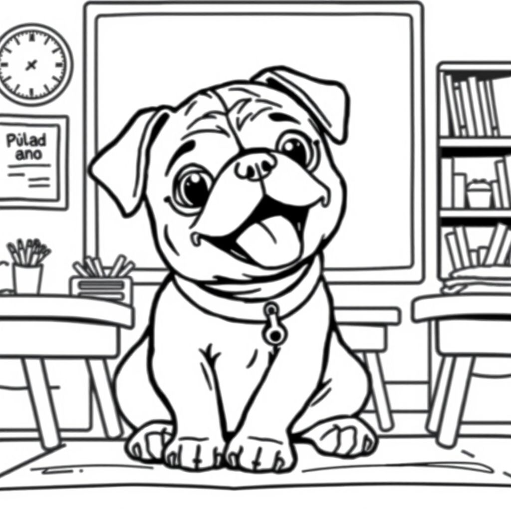 một chú chó con pug vui chơi trong lớp học