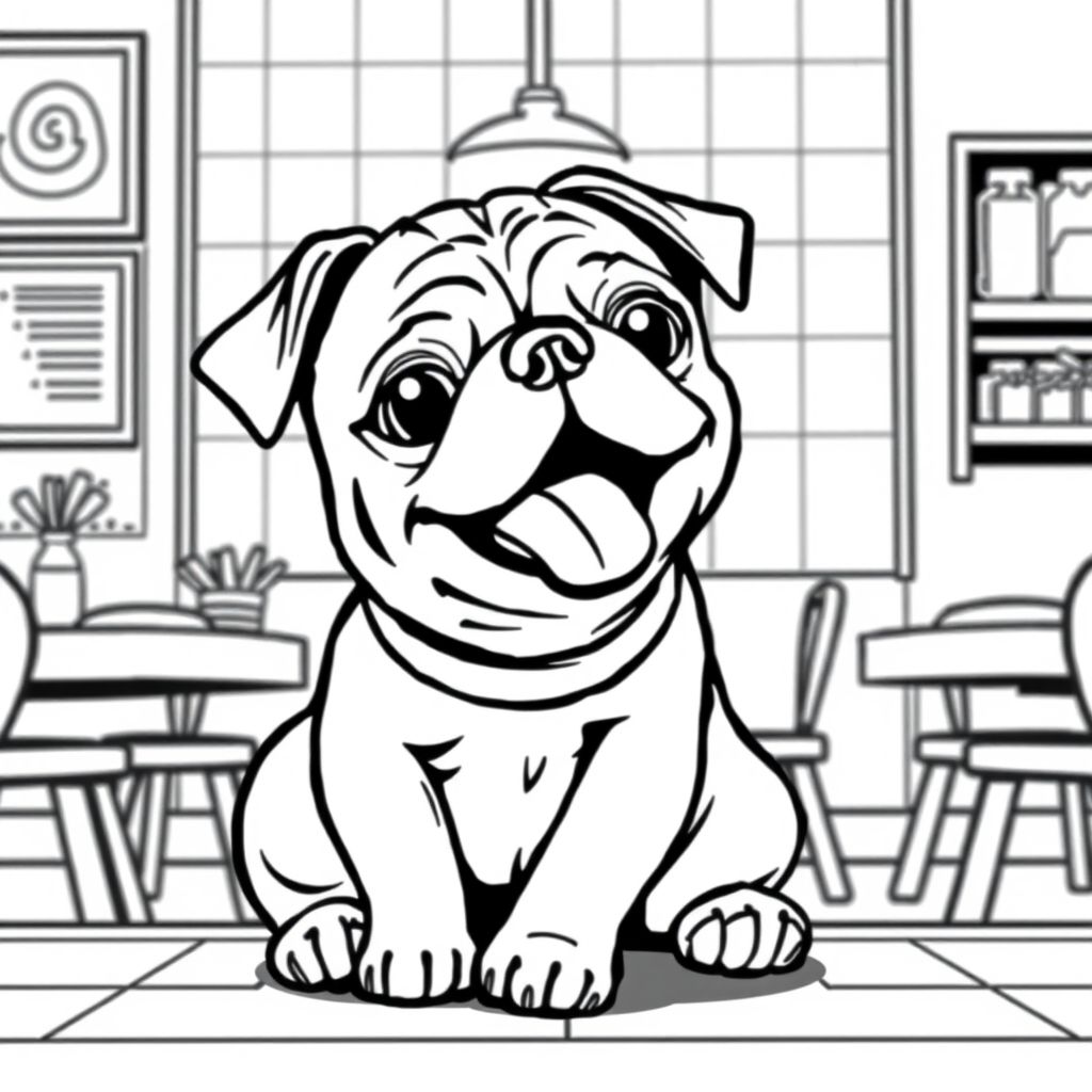A pug puppy having fun in lunch room