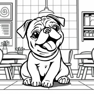 A pug puppy having fun in lunch room