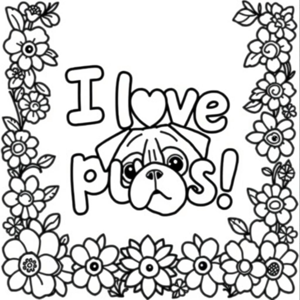 bubbles letters with the words "I love pugs!" surrounded by a flower border frame 