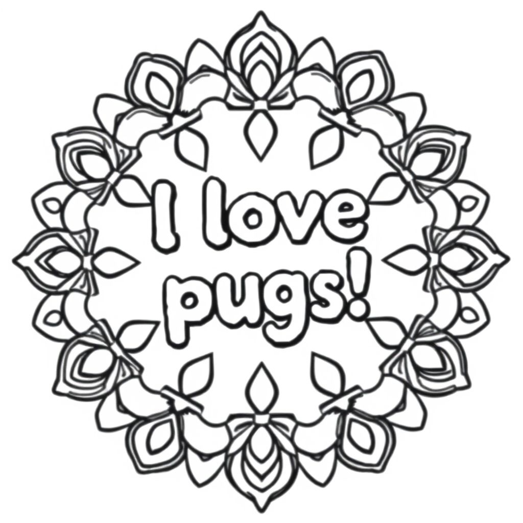 "I love pugs!  written in bubble letters in a mandala 
