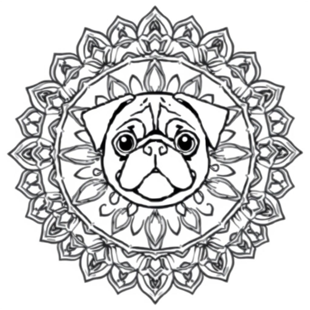 một mandala toàn trang với một khuôn mặt pug ở trung tâm 