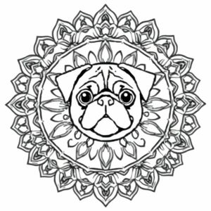 một mandala toàn trang với một khuôn mặt pug ở trung tâm 