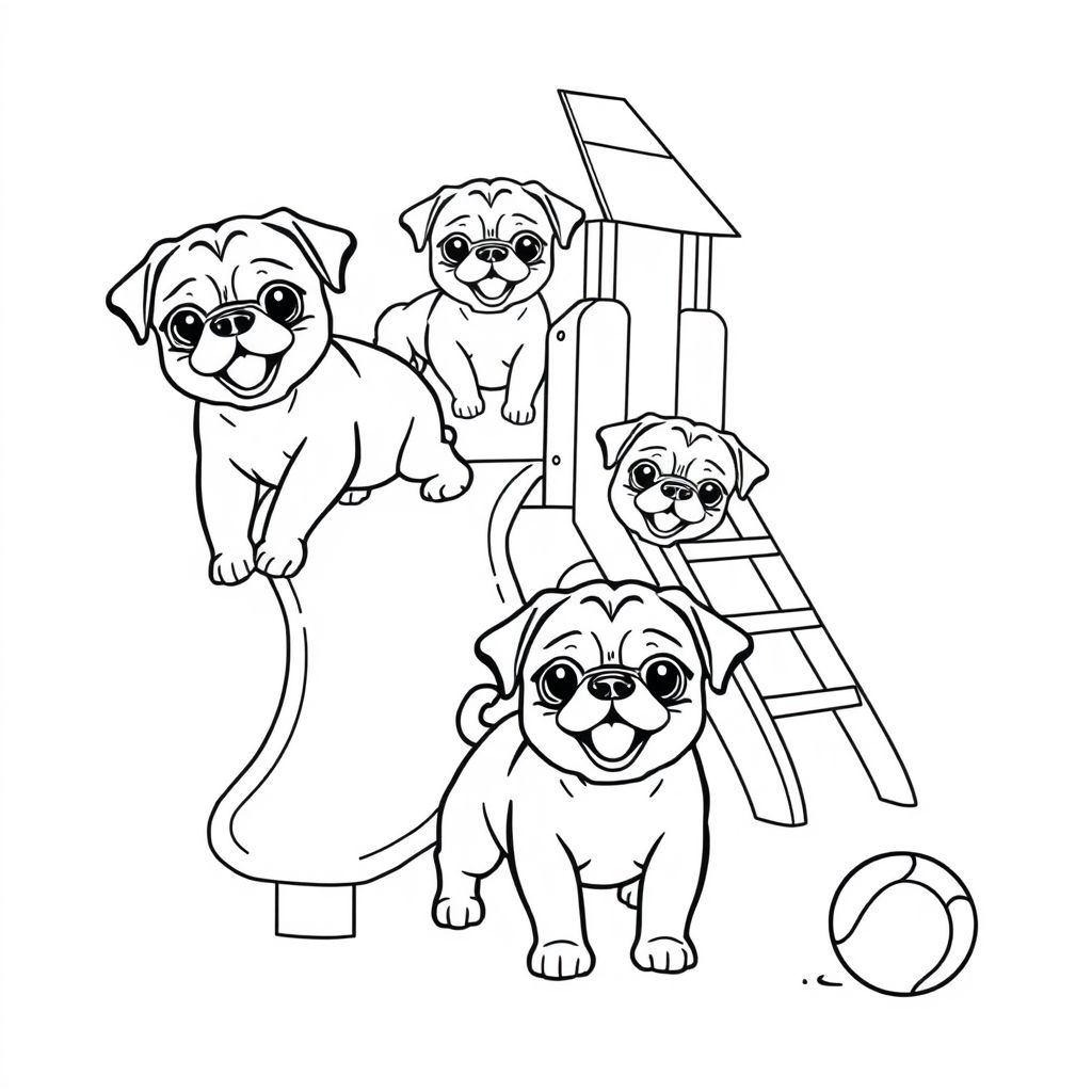 pug puppies having fun on playground