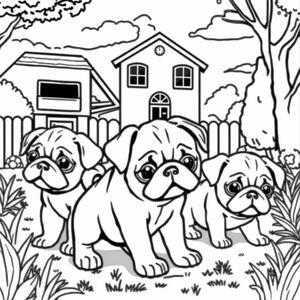 chó con pug chơi trong sân trường với những chú chó pug khác 