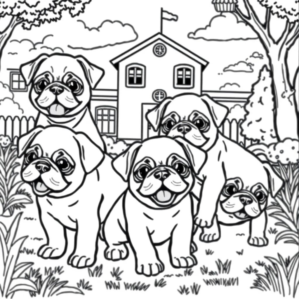 pug puppies happily playing in school yard 